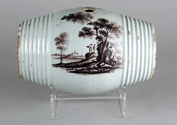 Wine or brandy delftware barrel | Ceramic,Glazed Composition,Delftware | 18th century AD | The Hunt Collection | PD Wine or brandy delftware barrel