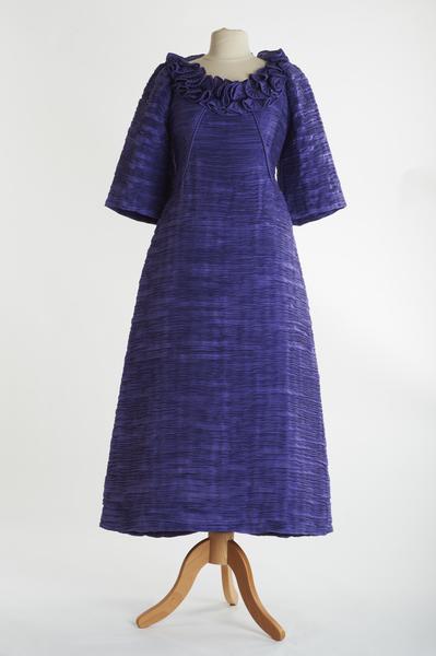 Violet pleated linen evening gown